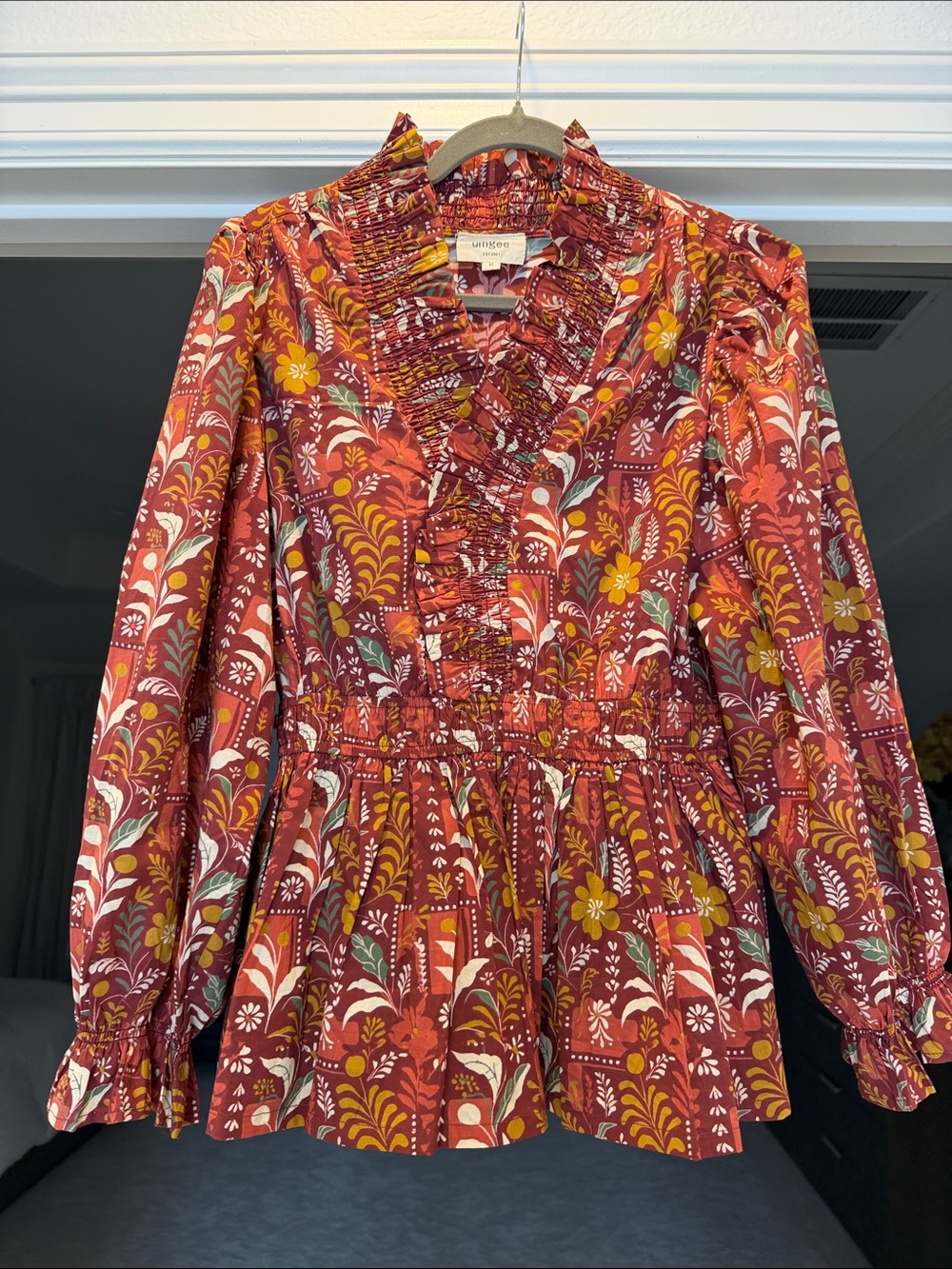 Umgee Rust Multi Floral Ruffle Peplum Blouse